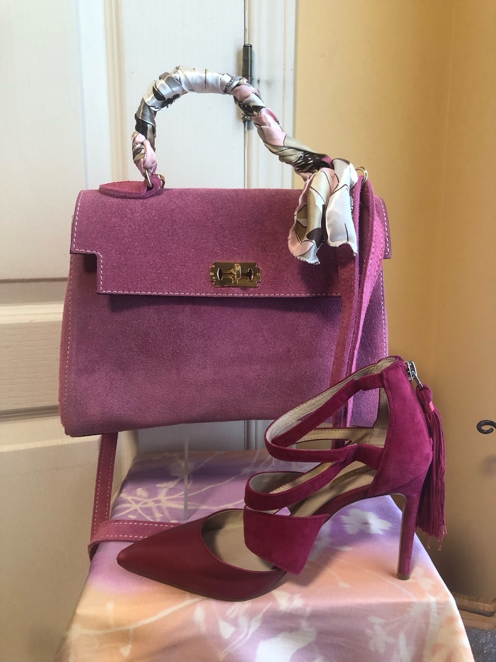 Genuine Suede vibrant pink Top-Handle Satchel Removable Strap